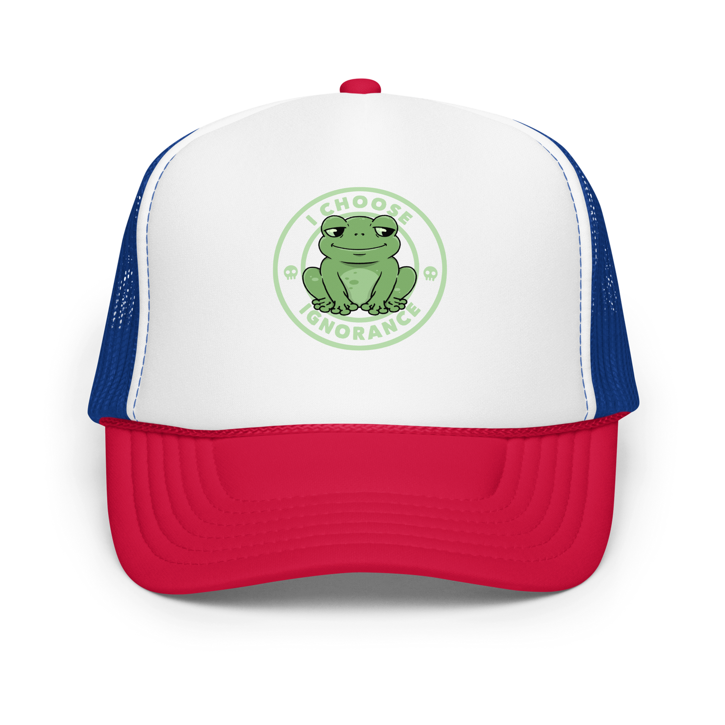 The image shows a cartoonish green frog with a sly smile, sitting with legs splayed out. Around it, the phrase 'I CHOOSE IGNORANCE' is written in bold letters. Two small skull designs are included, one on each side of the frog. The style is playful and ironic, blending elements of humor and rebellion.