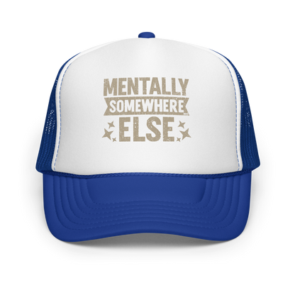 Distressed vintage-style text graphic displaying the phrase “Mentally Somewhere Else,” decorated with scattered star icons and a bold, textured font.