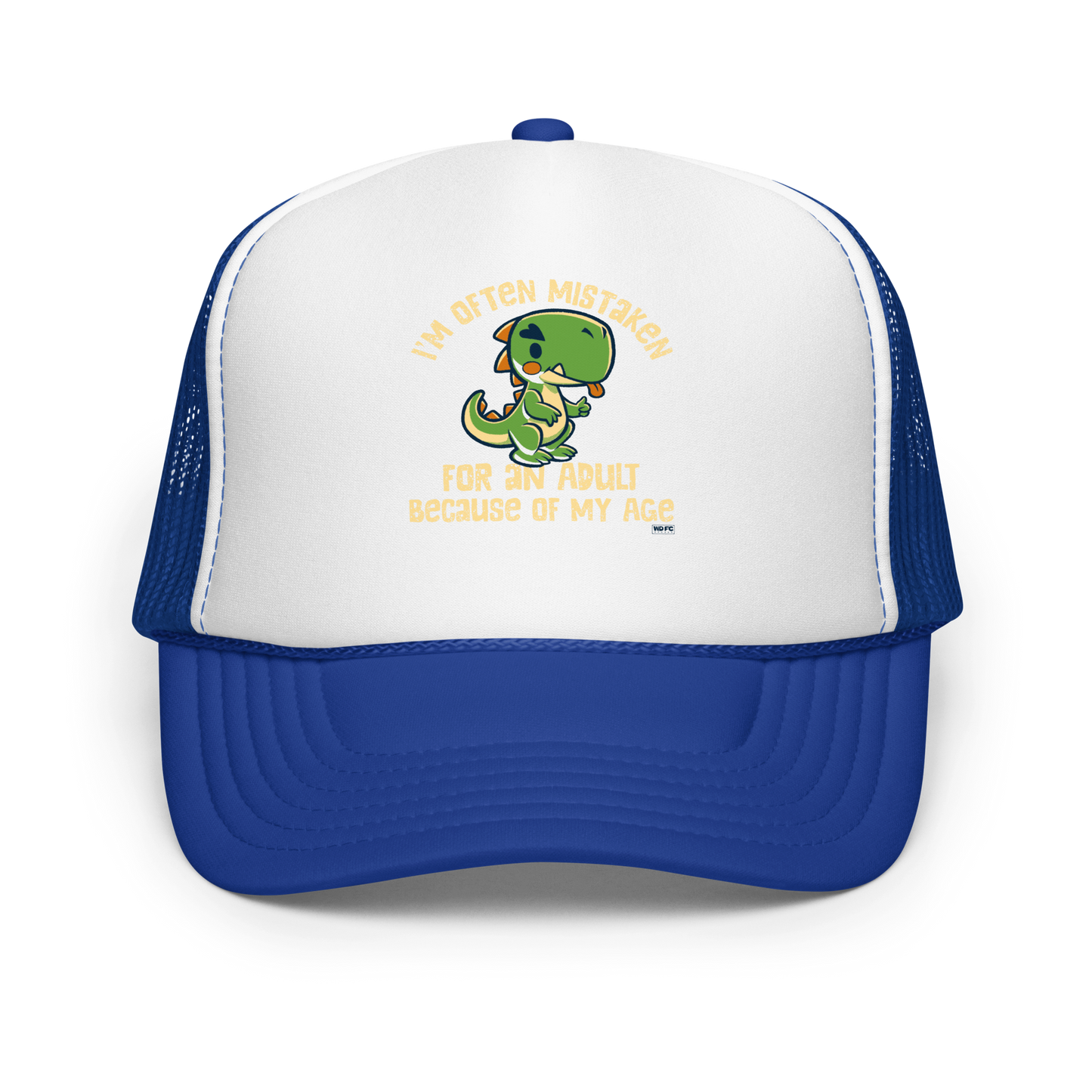 Cute cartoon dinosaur standing with a funny expression, accompanied by the humorous phrase “I’m Often Mistaken for an Adult Because of My Age” in bold distressed lettering.