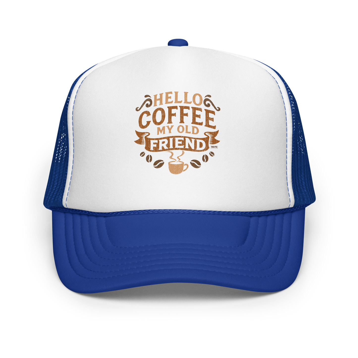 Vintage-style graphic featuring the phrase “Hello Coffee My Old Friend” in bold brown lettering, surrounded by decorative flourishes, coffee beans, and a steaming coffee cup.