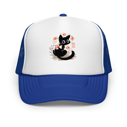 This unique design features a charming black cat amidst playful koi, rendered in beautiful Sumi-e ink style. A perfect blend of Japanese art and anime whimsy for any cat lover.