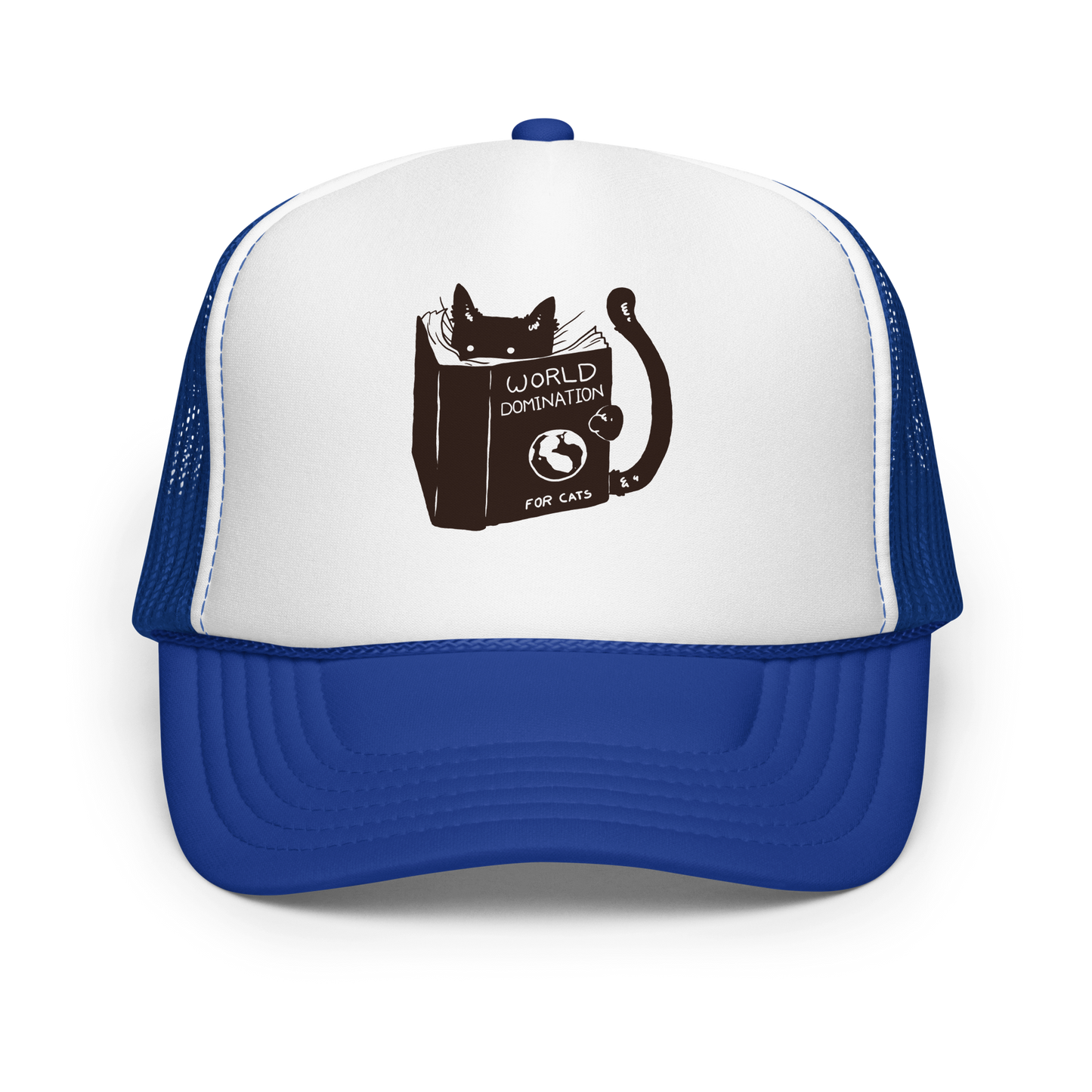 The design features a black silhouette of a cat peeking from behind an oversized book. The book's cover reads 'World Domination for Cats,' and includes a simple drawing of a globe. The cat's eyes are wide open, suggesting either surprise or intense focus on its 'world domination' plans.