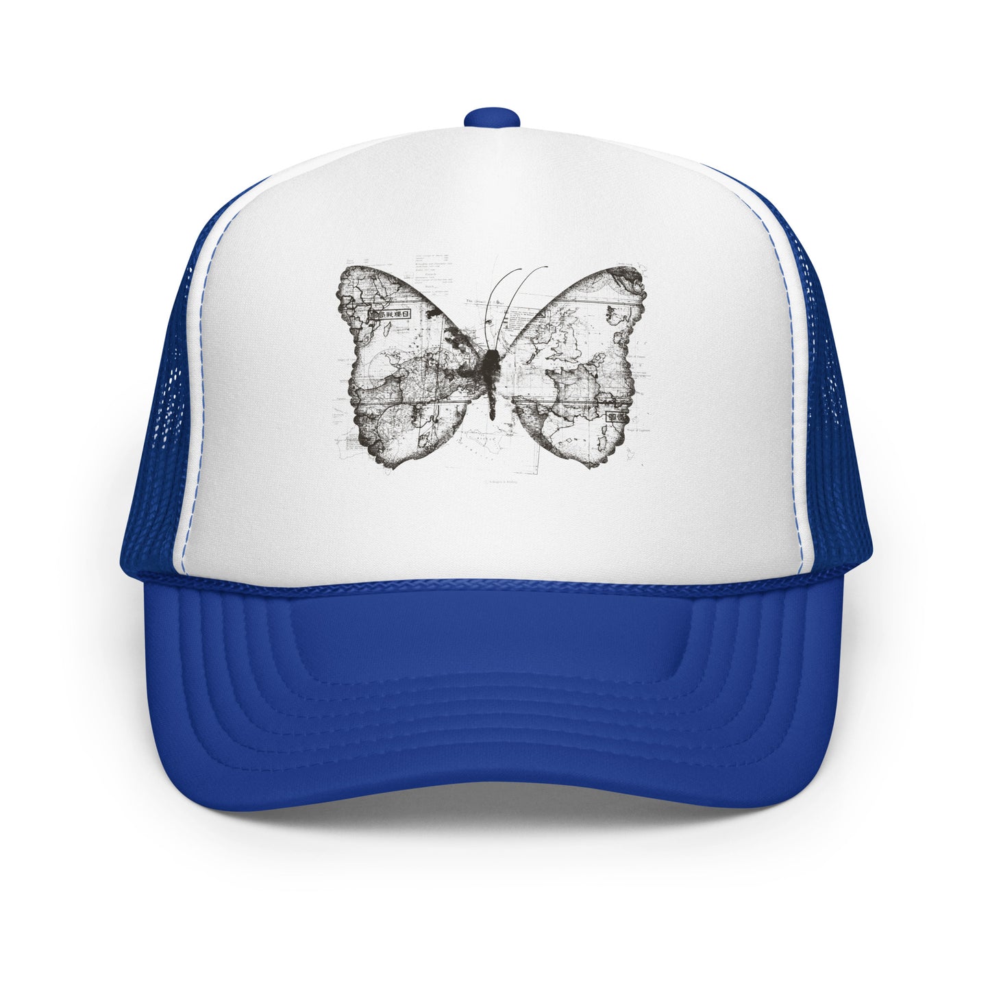 The image features a black and white butterfly where the wings are created using ancient world map designs. The maps overlay in intricate detail, blending geographical elements with the organic shape of the butterfly. Surrounding the butterfly are faint outlines of text and additional geographic features, creating a vintage and exploratory vibe.