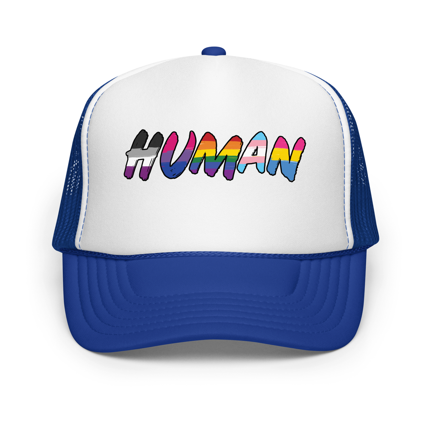 The image displays the word 'HUMAN' in bold, capitalized letters filled with colorful pride flag patterns. The colors within the letters represent different LGBTQ+ pride flags, symbolizing inclusivity and diversity. The background is solid black, which makes the colorful patterns stand out more vibrantly.