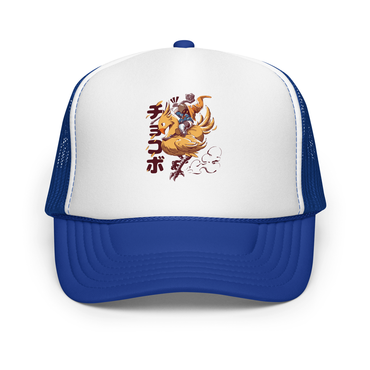 A speedy yellow bird dashes forward with a tiny mage rider gripping tight and ready for action. A fun and nostalgic design full of movement and fantasy charm.