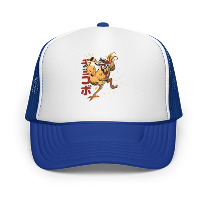 A stylized cartoon illustration of a confident cat wearing a cape and crown while riding a large yellow bird at full speed, with dynamic motion lines and Japanese writing in the background.