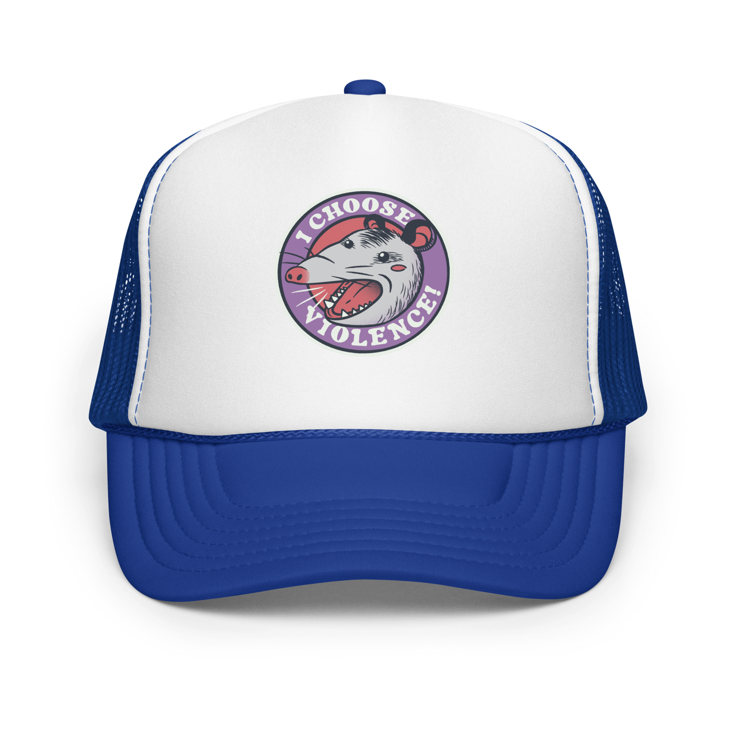 A circular design featuring an opossum with an open mouth showing sharp teeth, set against a red and purple background. Surrounding the animal, the text reads 'I Choose Violence!' in bold, white letters. The opossum has a somewhat comical yet aggressive expression. The design has an edgy, cartoon-like style, suitable for various products like t-shirts and stickers.