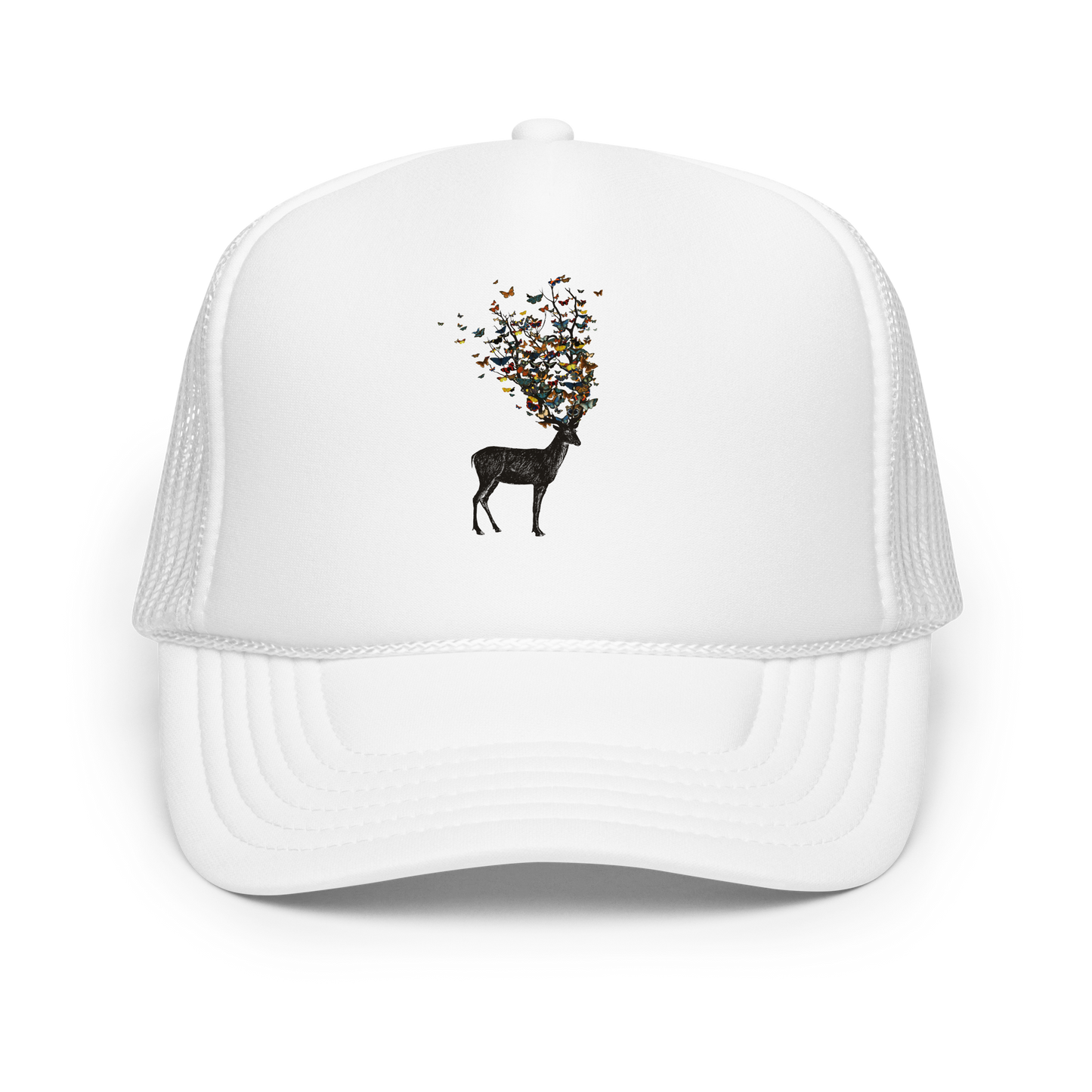 The image depicts a dark, silhouetted deer standing on a neutral background. Instead of branches, its antlers transform into a swirling cloud of vibrant, colorful butterflies that extend upwards and outward. The mix of organic and ethereal elements creates a captivating and whimsical visual contrast.