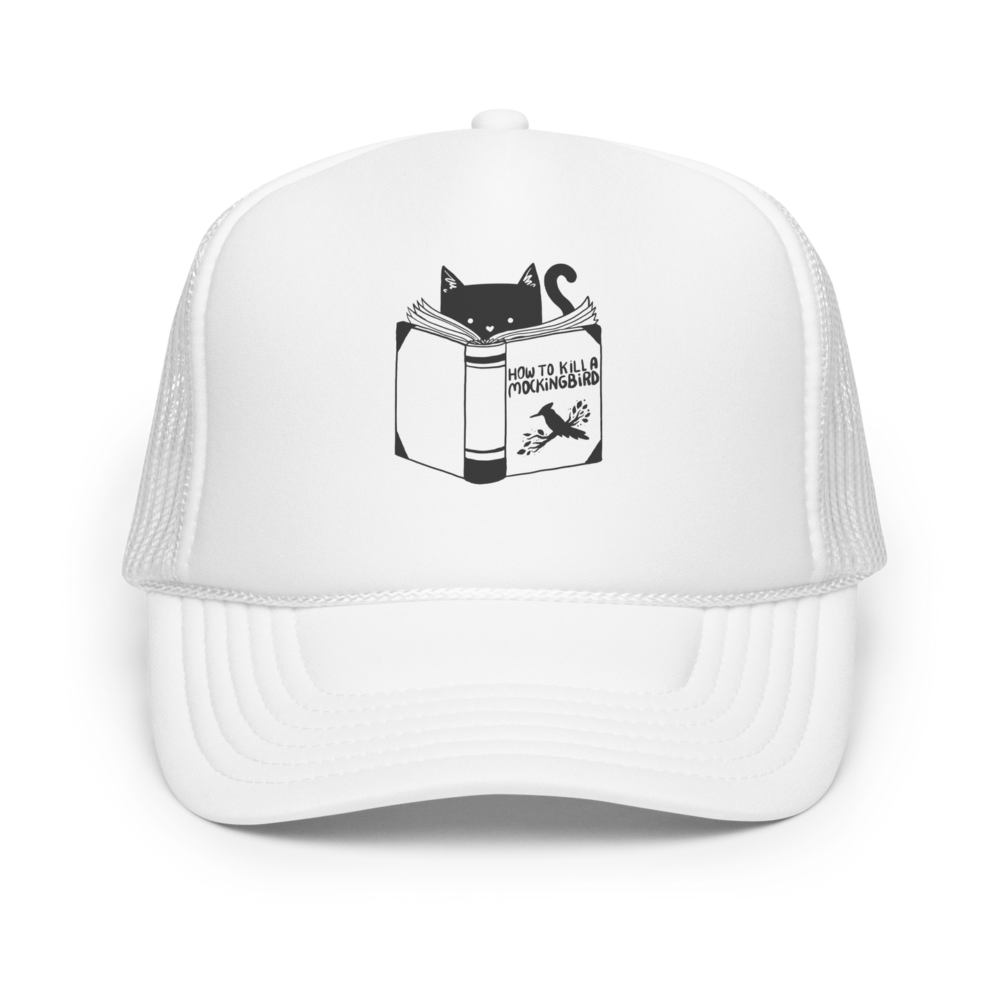 A black and white illustration features a cat peeking over an open book titled 'How to Kill a Mockingbird,' playfully altering the classic novel's title. The cat has a heart-shaped nose and simple, cute facial features. The design is whimsical and ironic, combining classic literature with a humorous twist.