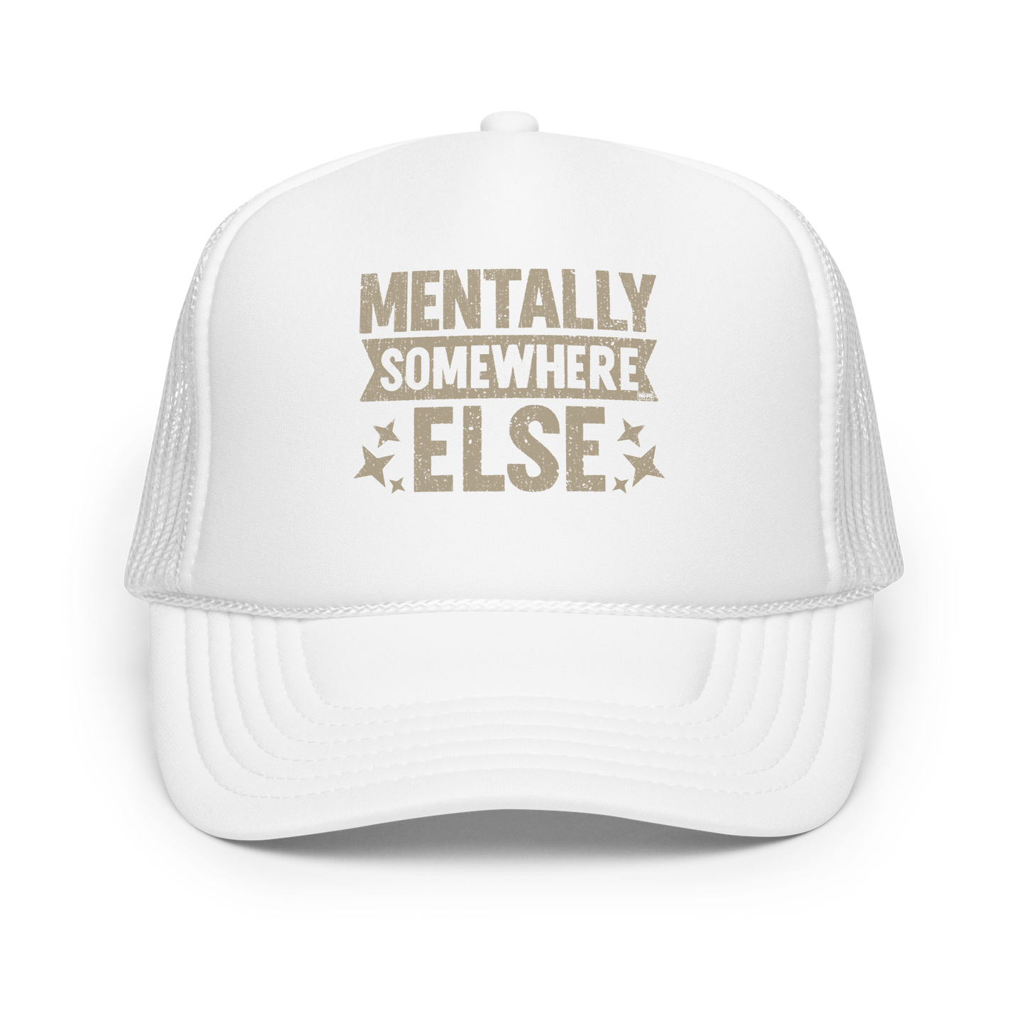 Distressed vintage-style text graphic displaying the phrase “Mentally Somewhere Else,” decorated with scattered star icons and a bold, textured font.