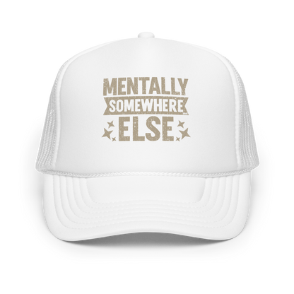Distressed vintage-style text graphic displaying the phrase “Mentally Somewhere Else,” decorated with scattered star icons and a bold, textured font.