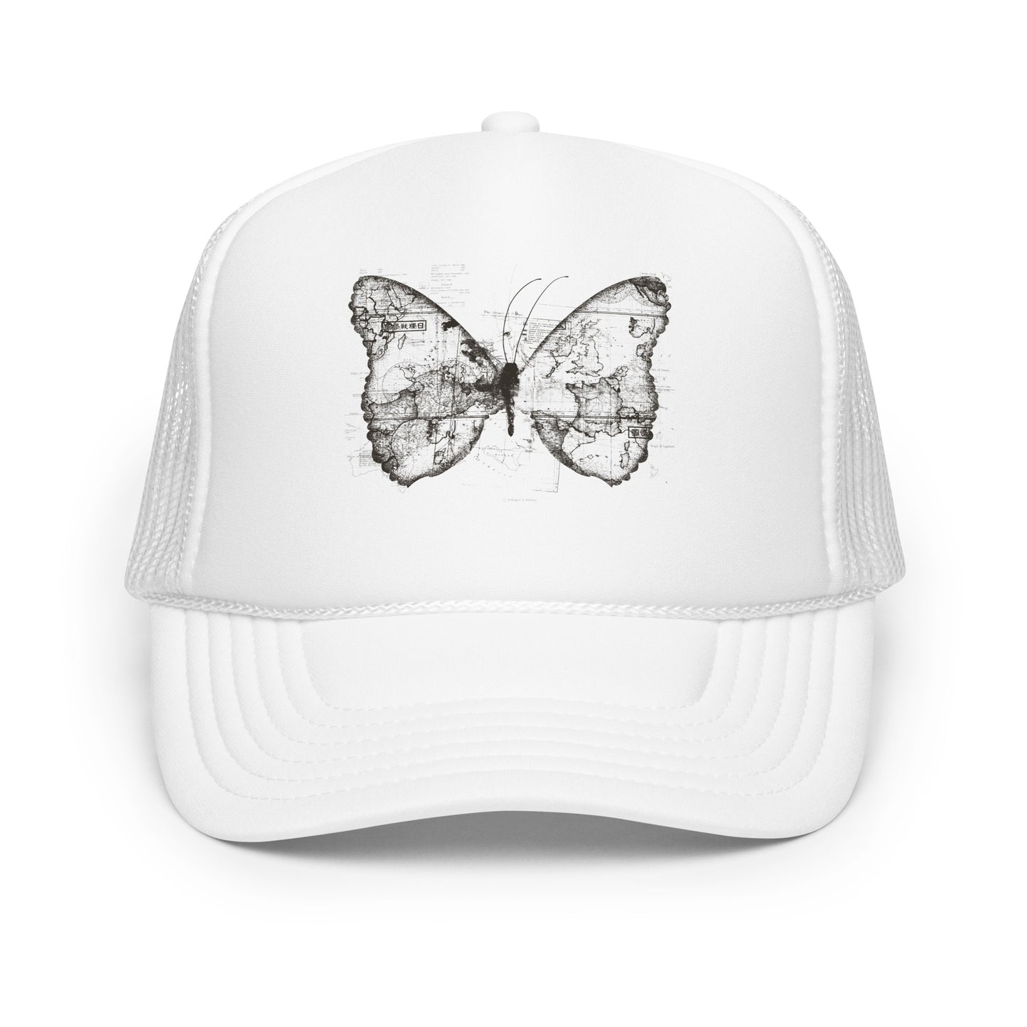 The image features a black and white butterfly where the wings are created using ancient world map designs. The maps overlay in intricate detail, blending geographical elements with the organic shape of the butterfly. Surrounding the butterfly are faint outlines of text and additional geographic features, creating a vintage and exploratory vibe.