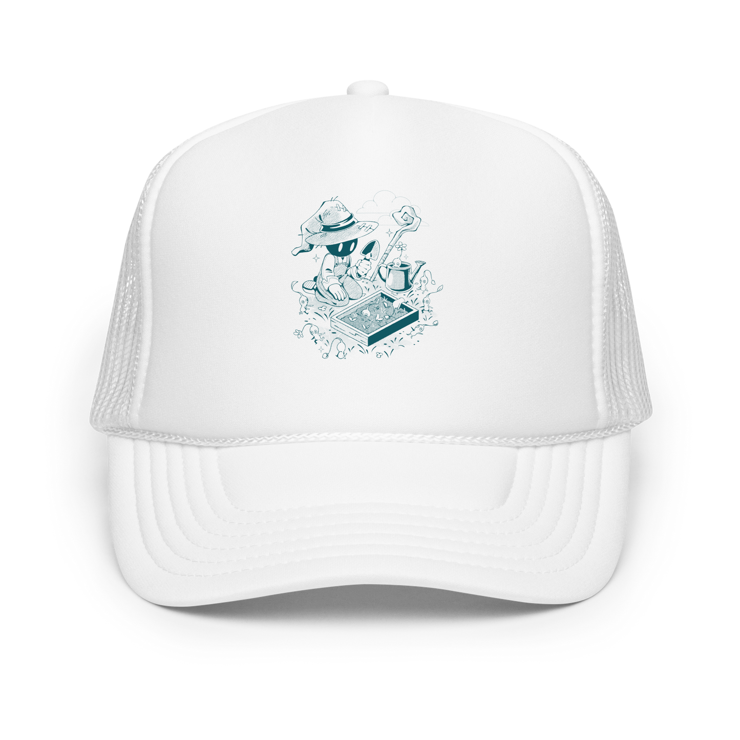 Illustration of a small wizard-like figure kneeling in a garden, using a trowel to plant seedlings while tiny plant creatures gather around, with a staff, watering can, and clouds in the background, drawn in a monochrome teal style.