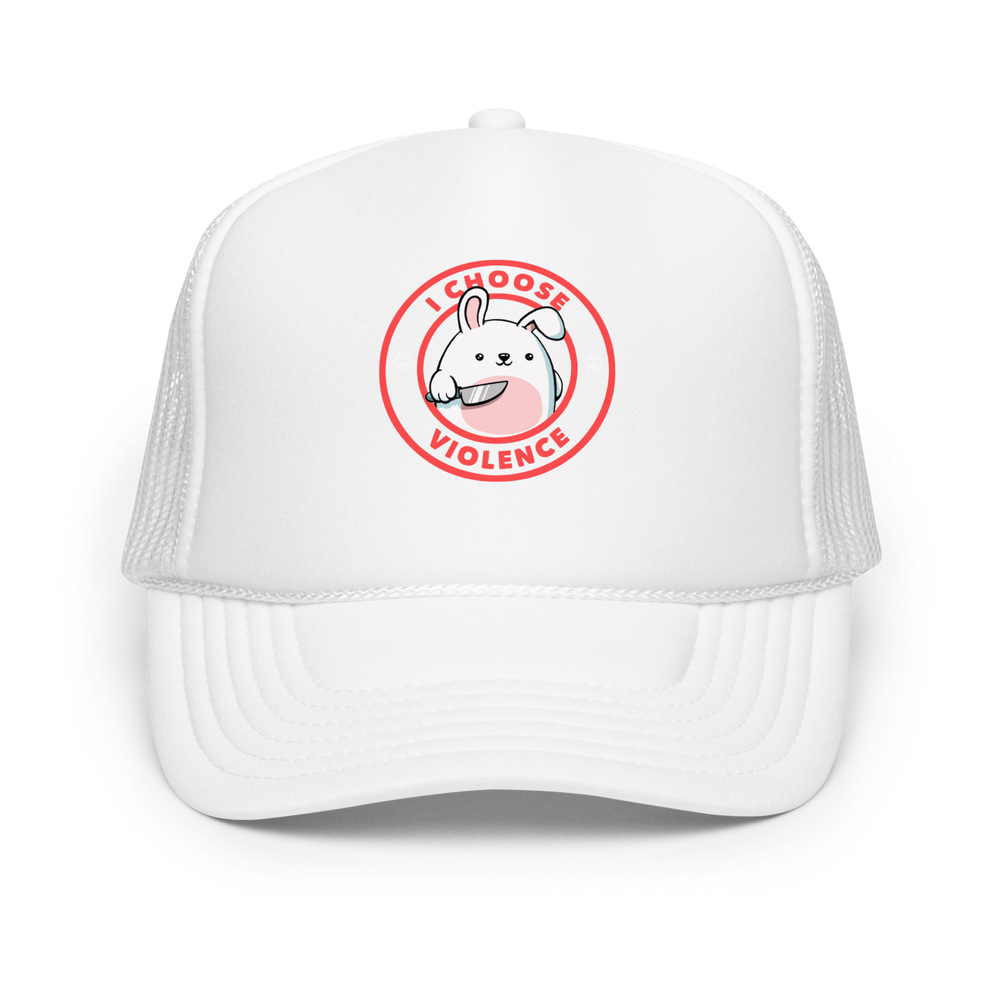 A cute white cartoon bunny with a pink belly stands holding a large kitchen knife in one paw. Surrounding the bunny is a red circular border with the words 'I CHOOSE VIOLENCE'. Small skull icons are on either side of the circle. The overall tone is a mix of adorable and ironic humor.