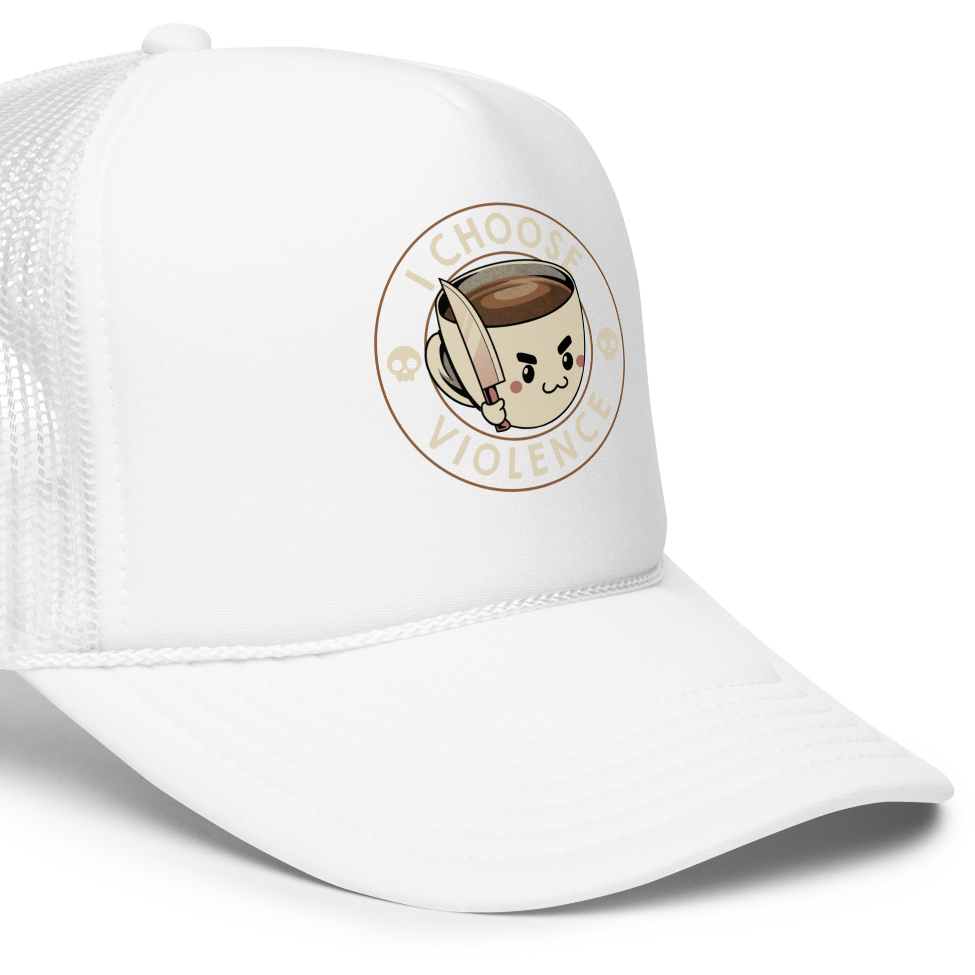 This image features a cute, cartoonish white coffee cup filled with coffee, with a determined facial expression, holding a sharp knife. The cup is framed by the circular text 'I CHOOSE VIOLENCE' in bold letters. On either side of the cup, there are small, white skull icons, adding a humorous yet dark twist to the design.