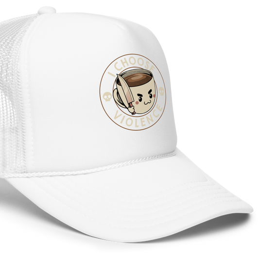 This image features a cute, cartoonish white coffee cup filled with coffee, with a determined facial expression, holding a sharp knife. The cup is framed by the circular text 'I CHOOSE VIOLENCE' in bold letters. On either side of the cup, there are small, white skull icons, adding a humorous yet dark twist to the design.