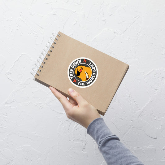 A stamp-like design featuring a fearless duck wearing an eyepatch and wielding a sword, with the words “Take Down The World Govt.” written around it. This artwork represents rebellion and independence for those who refuse to follow rules . Ideal for free-spirited people, pirate adventures appreciators, duck lovers or those who simply enjoy unique and irreverent art.
