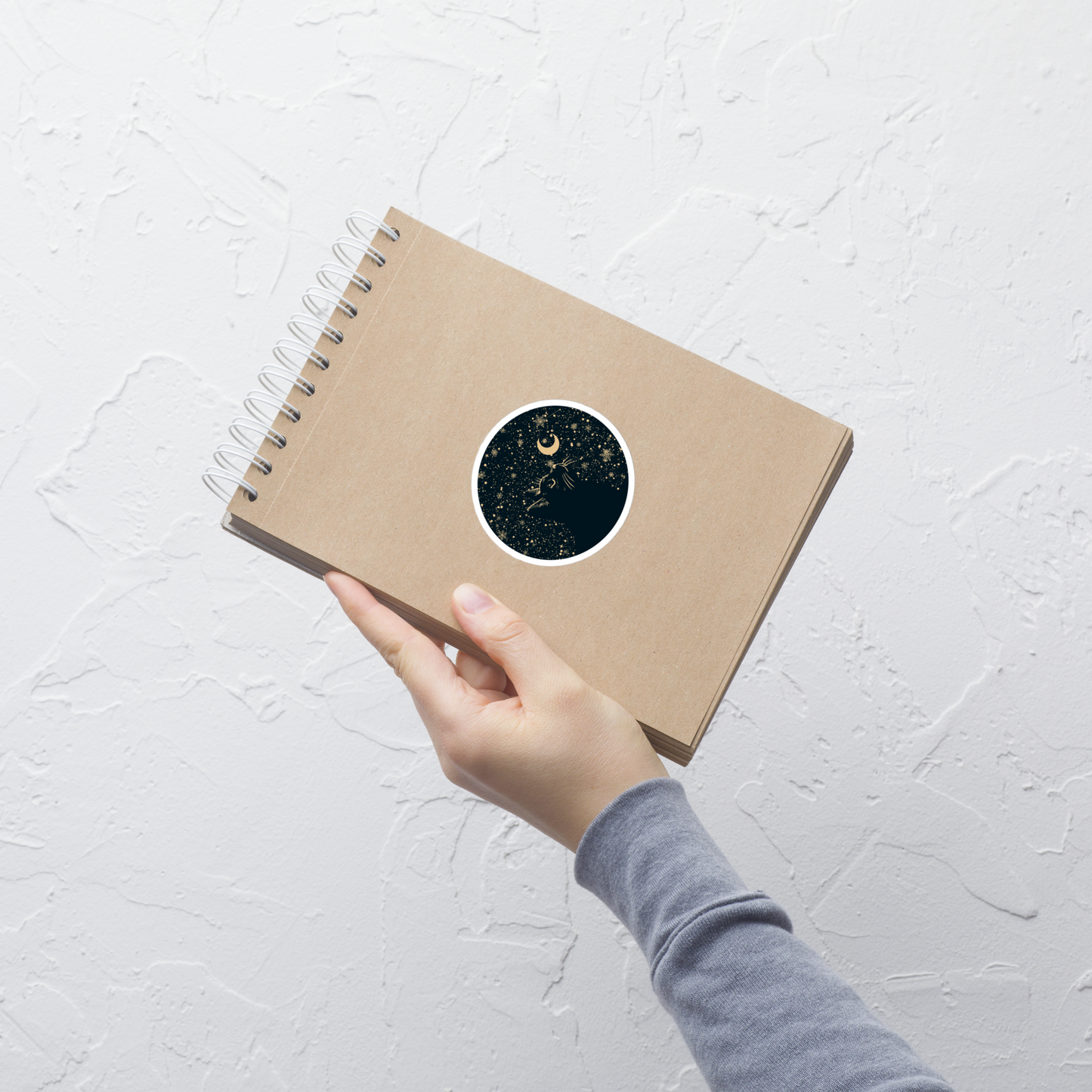 A minimalist artwork featuring a kitten in profile, gazing at the crescent moon on a quiet, moonlit night. A poetic piece, perfect for those who love cats and a slightly melancholic winter atmosphere.