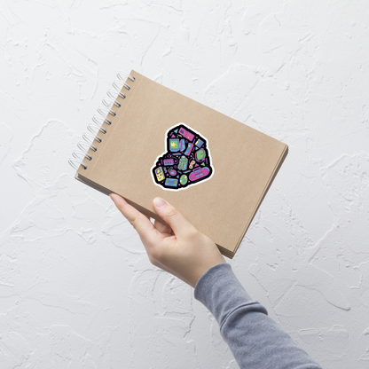 A heart made of iconic 90s electronics like computers, Walkmans, telephones, video game consoles, and Discmen, all in vibrant neon colours. A bold, nostalgic artwork perfect for anyone who loves retro tech and 90s vibes.