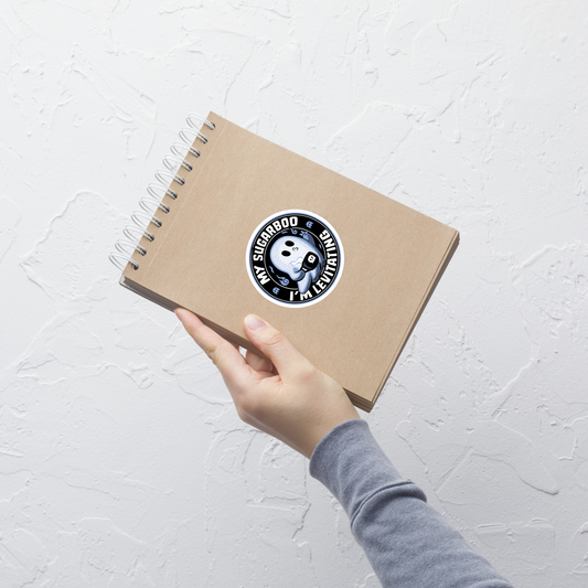 A cute stamp-style ghost holding a coffee and flashing a peace sign, surrounded by the phrase ‘My Sugarboo I’m Levitating’. Sweet, spooky and playful, perfect for Halloween lovers and fans of cute, romantic designs.