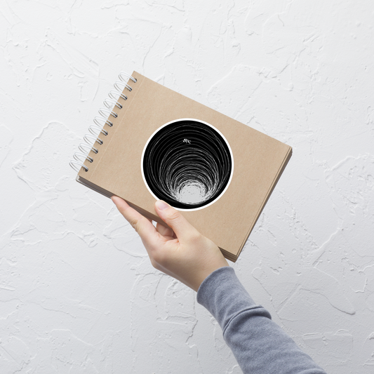 A big black hole with an astronaut floating around as if being sucked into it. A minimalist art perfect for those who love space.