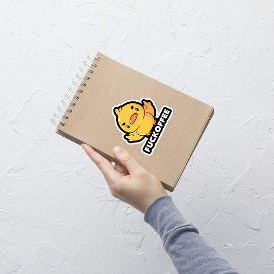 A cute yellow duckling with a mean face showing his middle fingers, next to it the phrase "Fuckoffee". An art with humor for those who love ducks.