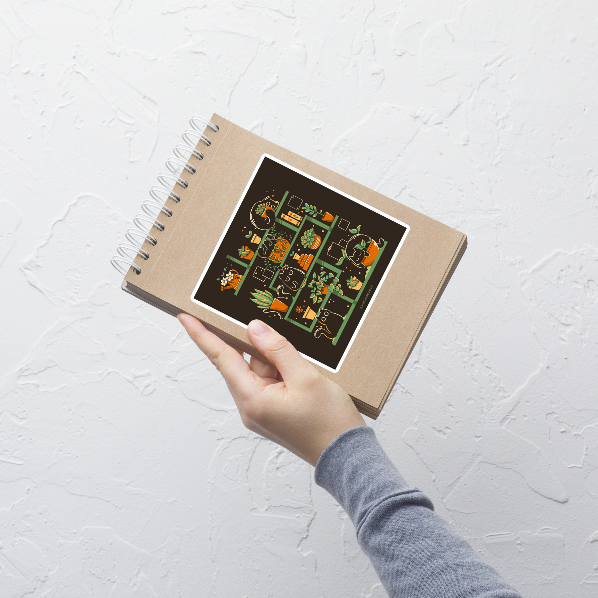 A minimalist illustration of a charming bookcase filled with lush potted plants and adorable kittens nestled among them. A cute and funny design, perfect for cat lovers, plant enthusiasts, and cosy decor fans.