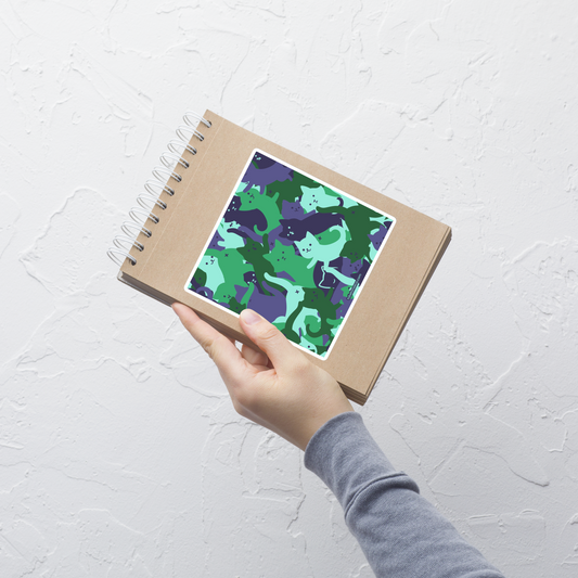 A playful pattern featuring multiple kittens in shades of green and blue, arranged to create a soft camouflage effect. This design blends cute cats with a modern pattern aesthetic, perfect for fans of fun, stylish, and whimsical art.
