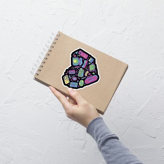A heart made of iconic 90s electronics like computers, Walkmans, telephones, video game consoles, and Discmen, all in vibrant neon colours. A bold, nostalgic artwork perfect for anyone who loves retro tech and 90s vibes.