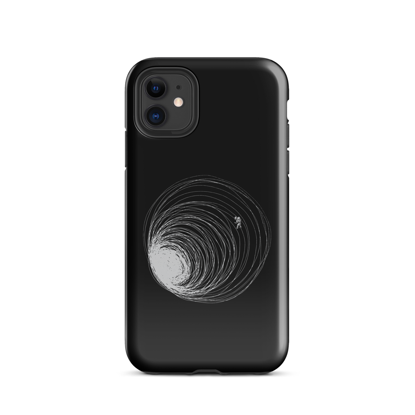 A big black hole with an astronaut floating around as if being sucked into it. A minimalist art perfect for those who love space.