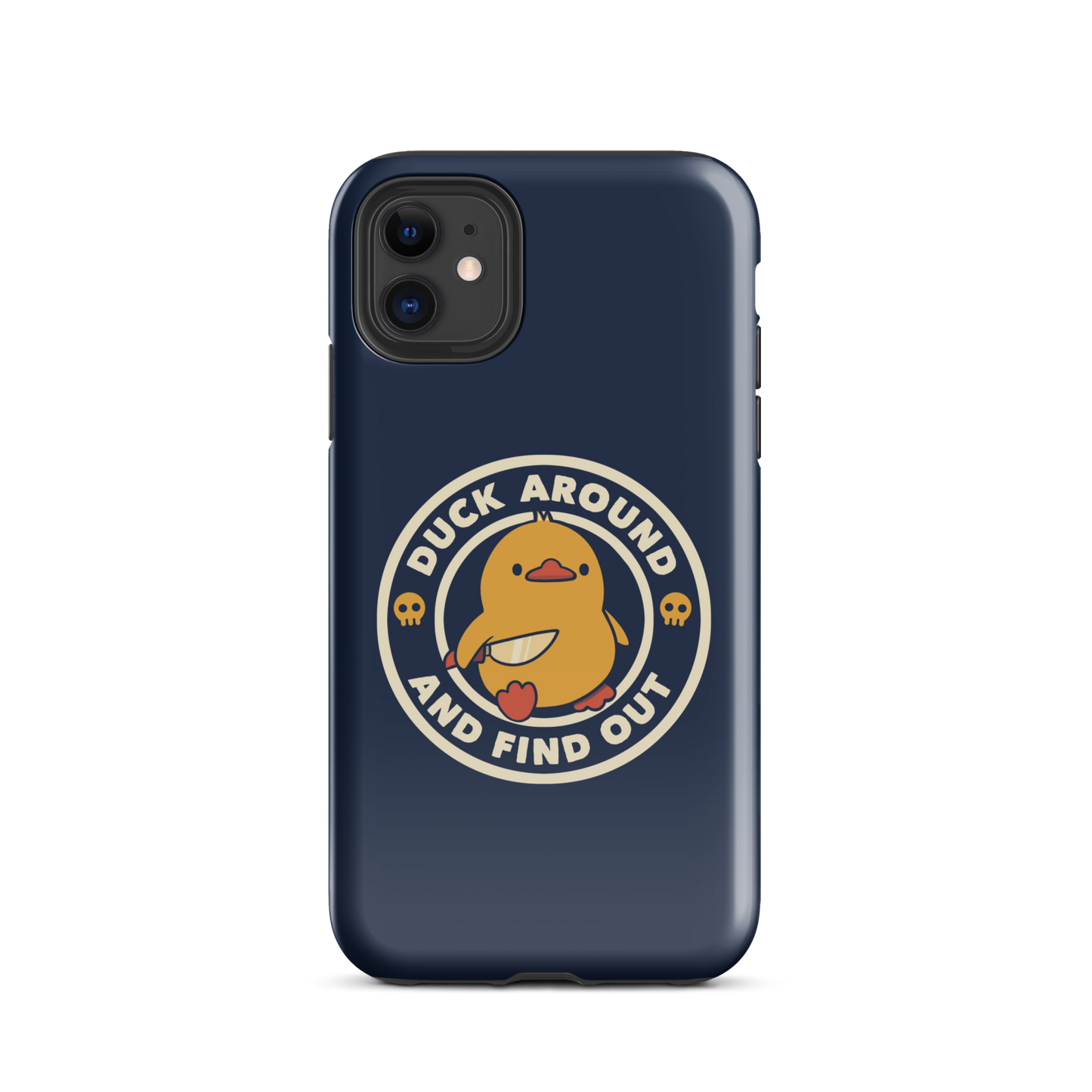 A cute yellow duck holding a small knife, around it the text "Duck Around And Find Out". An art that mixes humor with the temperament of ducks.