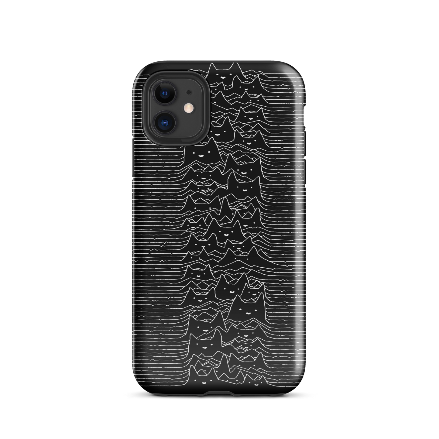 The drawing is a series of continuous wavy lines forming a pattern reminiscent of sound waves or topographic maps, but with an unexpected twist: the lines create the shapes of numerous cat faces stacked vertically. Each cat has simple, expressive features with pointed ears, adding a whimsical element to the otherwise structured pattern.