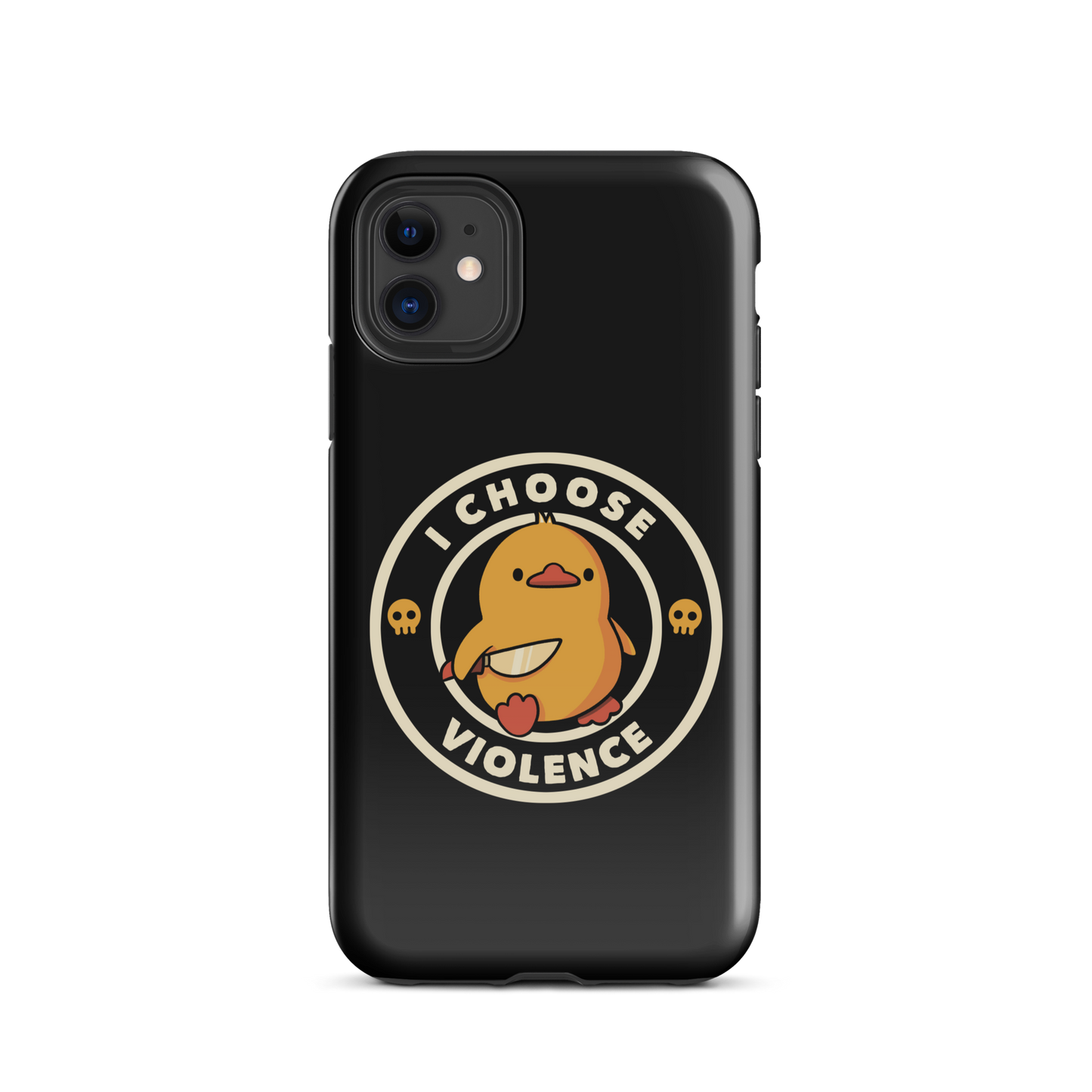 A cute, cartoon-style yellow duckling stands confidently holding a large knife in its wing. The duckling is encircled by text saying 'I CHOOSE VIOLENCE' in bold white letters. Small skull symbols flank the chick on either side, adding a touch of humor and irony to the otherwise adorable drawing.