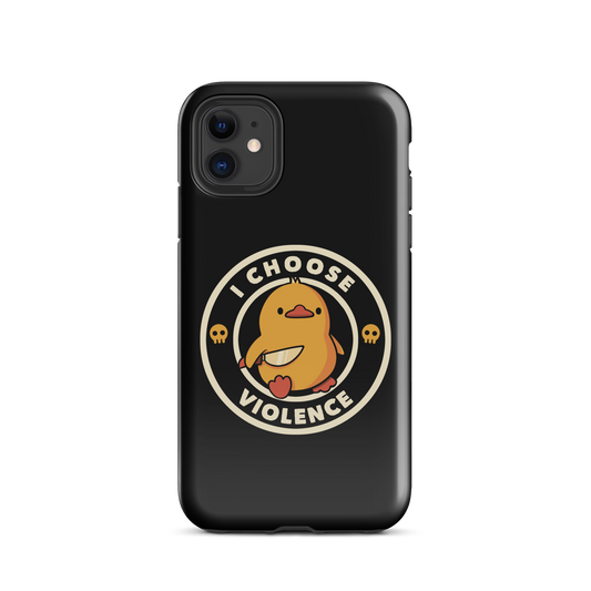 A cute, cartoon-style yellow duckling stands confidently holding a large knife in its wing. The duckling is encircled by text saying 'I CHOOSE VIOLENCE' in bold white letters. Small skull symbols flank the chick on either side, adding a touch of humor and irony to the otherwise adorable drawing.