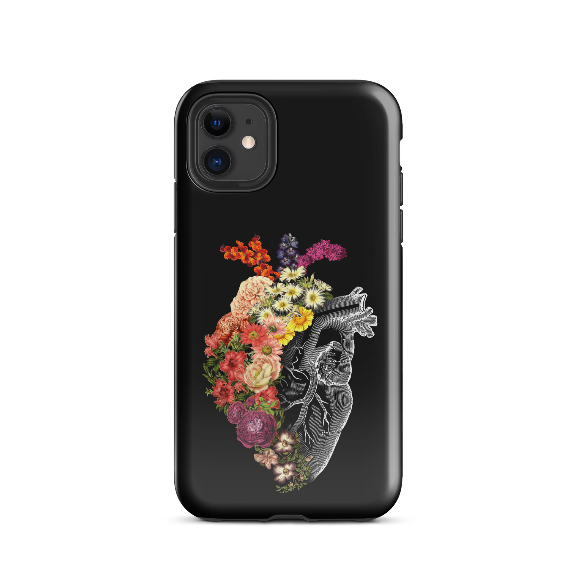 The design is an intricate and anatomical drawing of a human heart on a black background. The left side of the heart morphs into a vibrant assortment of colorful flowers, including roses, daisies, and other blooming blossoms, creating a striking contrast between the realistic and the surreal, symbolizing the harmony between nature and humanity.