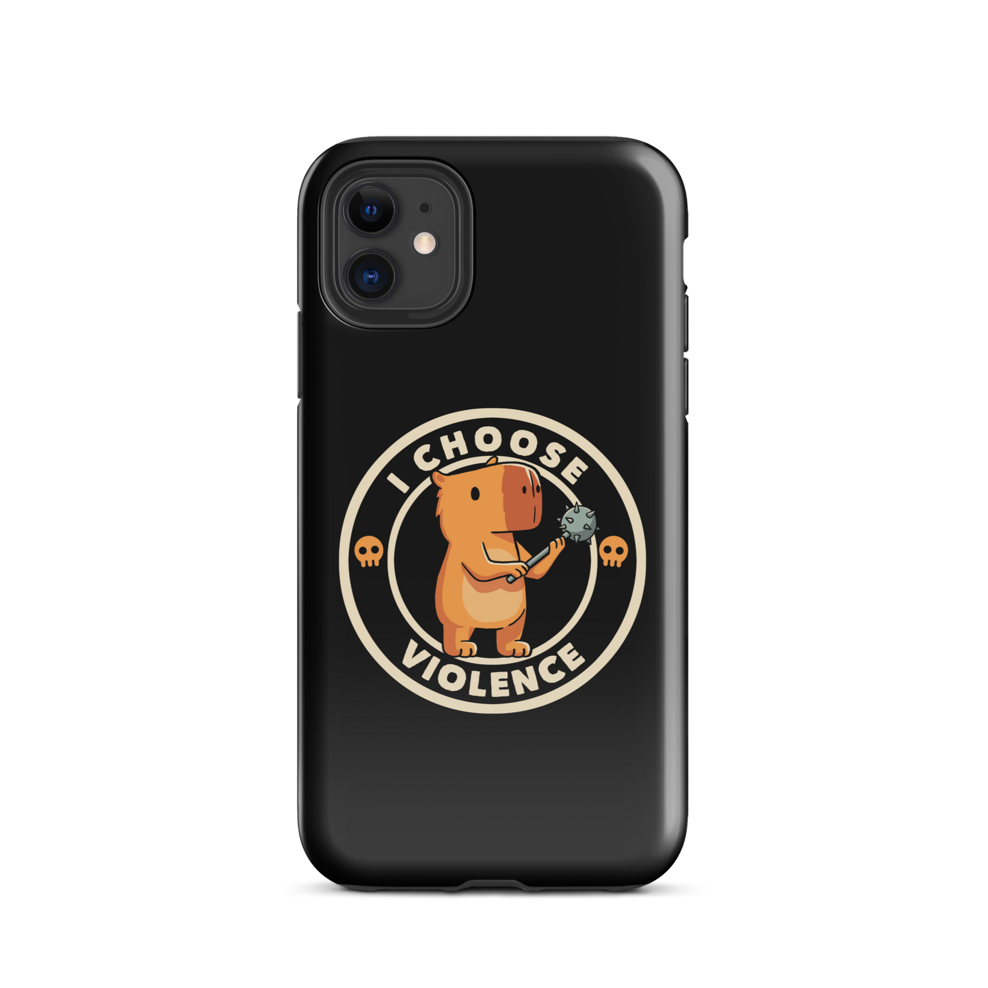 A cute, cartoonish burnt yellow capybara stands holding a spiked mace with a determined expression. Surrounding it is a circular design with the text 'I CHOOSE VIOLENCE' and two small skulls on either side, giving it a humorous yet ironic tone.