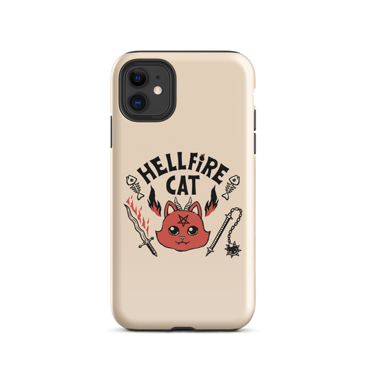 Vintage-style illustration of a cute red devil cat with small horns and a pentagram on its forehead, surrounded by flames, weapons, fish skeletons, and the bold phrase “Hellfire Cat” in a playful gothic design.