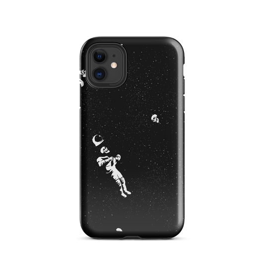 This image features a white astronaut figures floating in a dark, starry space background. The astronaut is surrounded by small celestial bodies and crescent moons, giving a sense of drifting through the cosmos. The design is intricate and has a whimsical, dreamy quality, with a vintage-inspired look, evoking a sense of exploration and wonder.