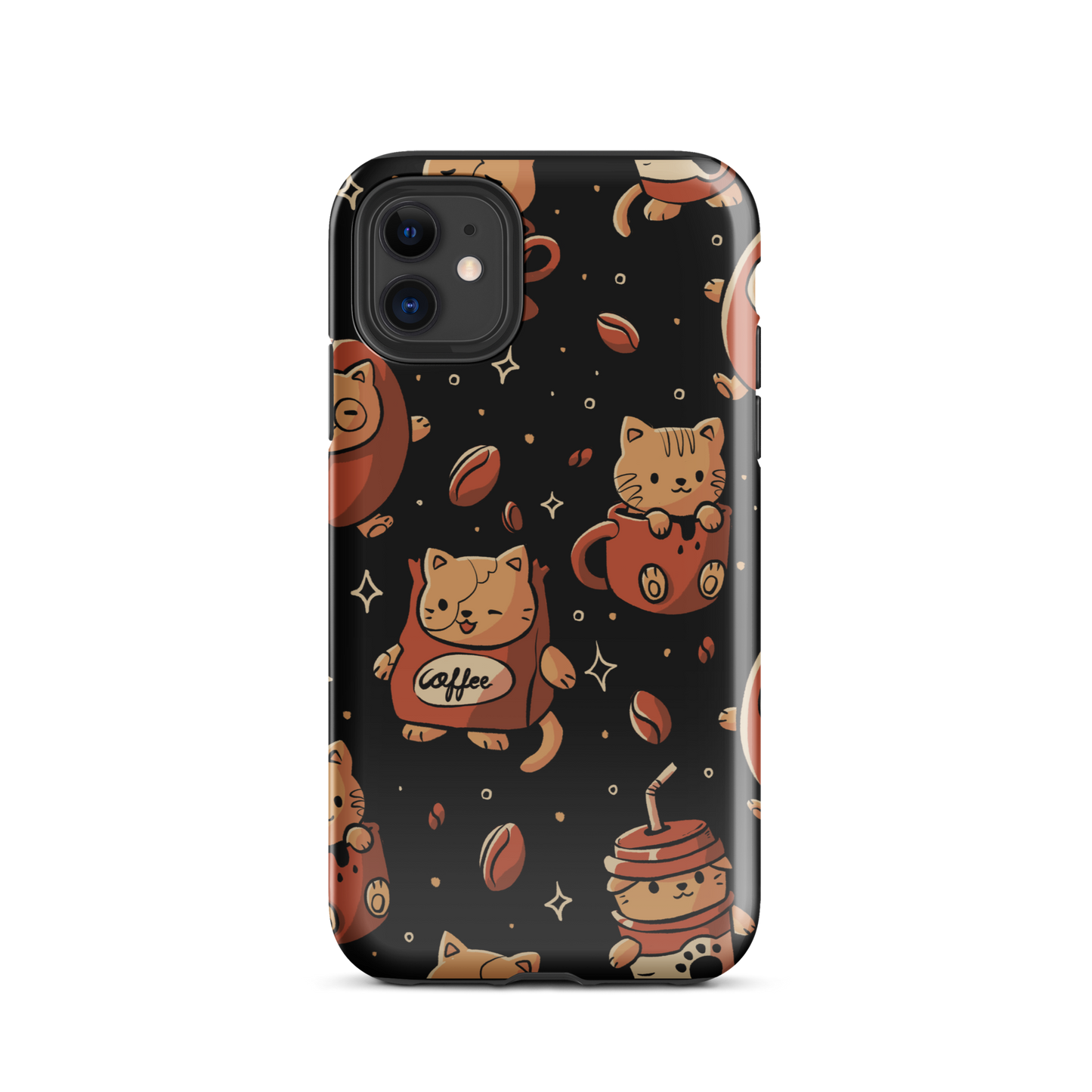 A pattern featuring several cute kittens appears in different coffee-themed versions: inside cups, as coffee beans, and on playful packaging. This artwork combines a love for cats and coffee in a charming and humorous composition. Perfect for cat lovers, coffee lovers, baristas, and anyone who enjoys cute and cozy designs.