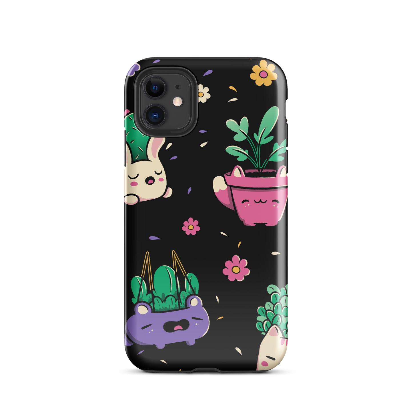 An endearing pattern featuring petite potted plants creatively shaped like adorable animals, arranged in a charming repeating composition. This enchanting design is perfect for plant enthusiasts who adore greenery and love surrounding themselves with whimsical, nature-inspired details.