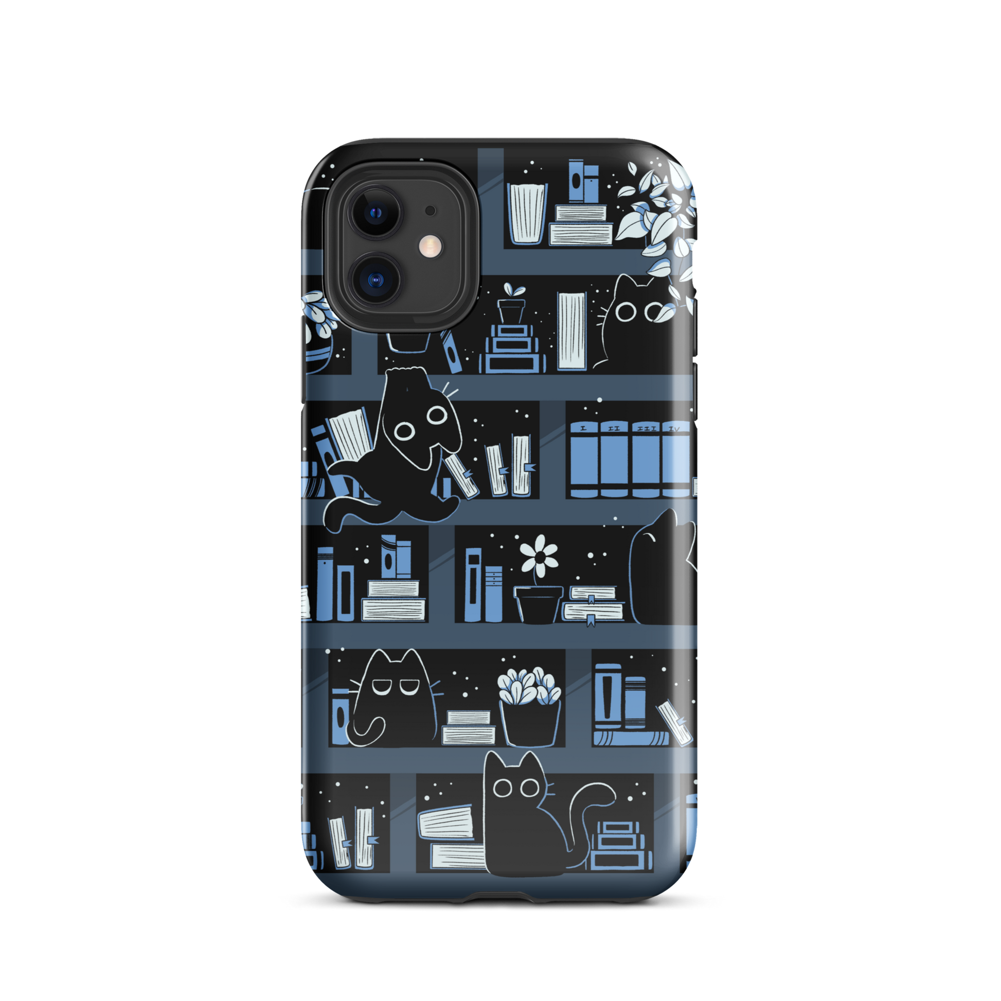 A pattern designed to resemble one large bookshelf filled with books, plants and playful little black kittens tucked between the shelves. An artwork in shades of black and blue, perfect for those who love cats, books and plants.