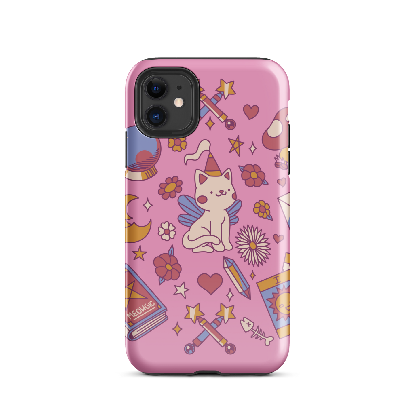The artwork depicts a magical kitten with wings and a little hat, surrounded by crystals, flowers, tarot cards, mushrooms, and mystical elements in pastel shades. The design blends cute fantasy with colorful witchy aesthetics, creating an enchanting, lighthearted composition full of fun details. Perfect for lovers of cute mysticism, tarot, magical cats, and anyone who enjoys colorful prints with a magical vibe.