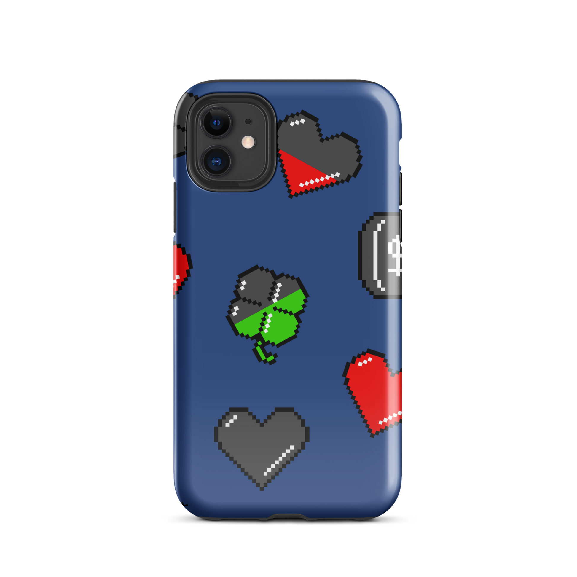 A repeating pattern made of 8-bit video game icons like hearts, four-leaf clovers, and coins. A nostalgic pixel art design inspired by classic games and retro digital culture.
