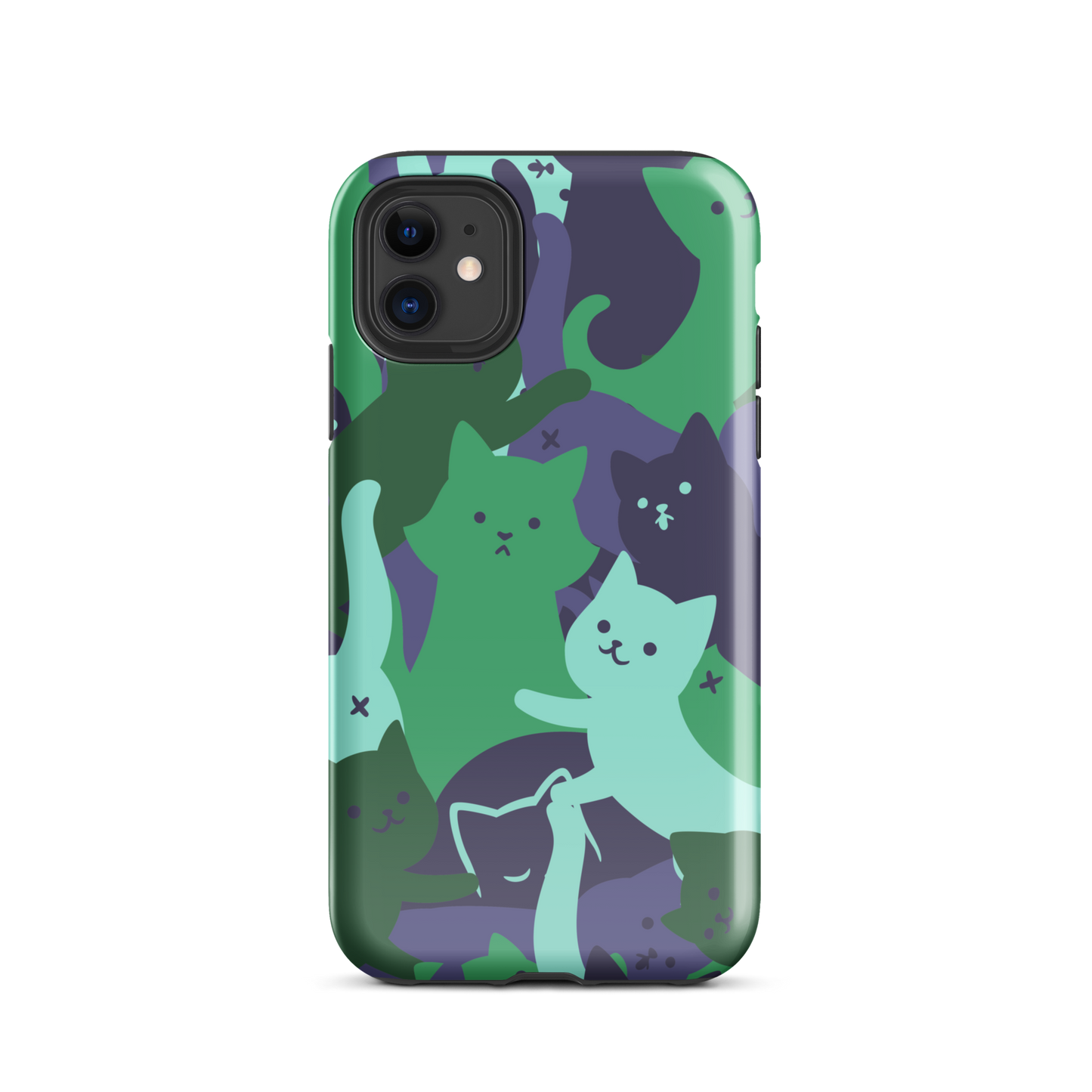 A playful pattern featuring multiple kittens in shades of green and blue, arranged to create a soft camouflage effect. This design blends cute cats with a modern pattern aesthetic, perfect for fans of fun, stylish, and whimsical art.
