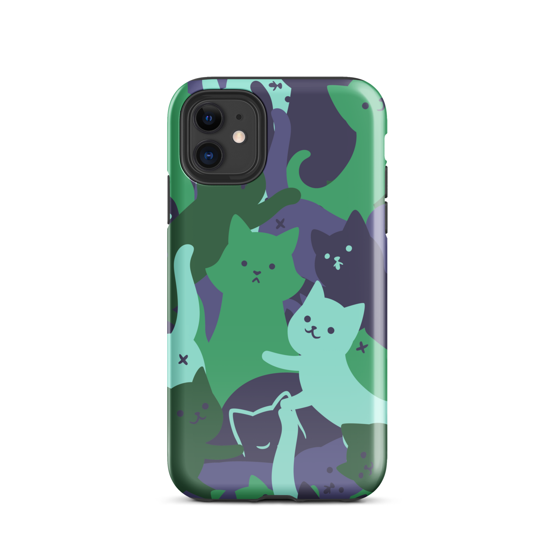A playful pattern featuring multiple kittens in shades of green and blue, arranged to create a soft camouflage effect. This design blends cute cats with a modern pattern aesthetic, perfect for fans of fun, stylish, and whimsical art.