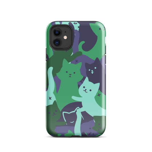 A playful pattern featuring multiple kittens in shades of green and blue, arranged to create a soft camouflage effect. This design blends cute cats with a modern pattern aesthetic, perfect for fans of fun, stylish, and whimsical art.