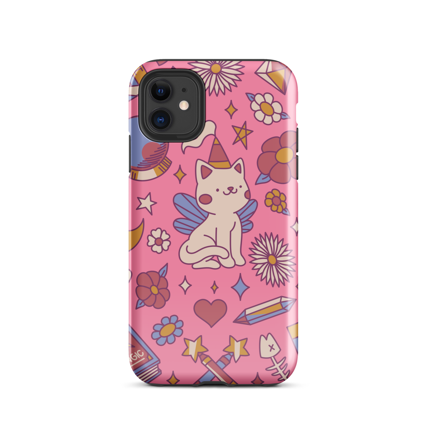 A seamless pattern featuring a magical winged kitten surrounded by crystals, flowers, tarot cards, mushrooms and other mystical elements in soft pastel tones. A playful and whimsical design with a cute, magical vibe.