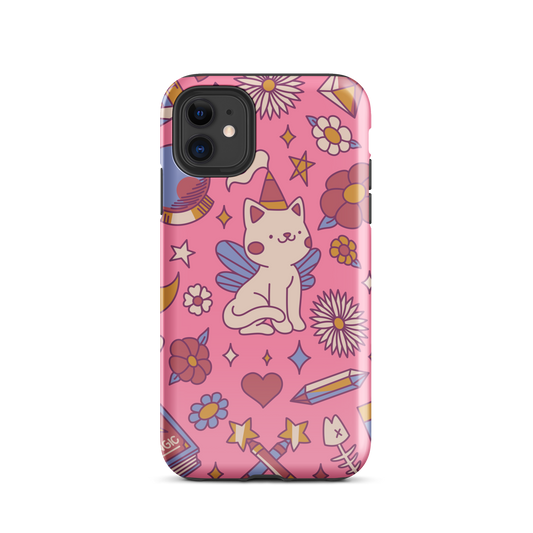 A seamless pattern featuring a magical winged kitten surrounded by crystals, flowers, tarot cards, mushrooms and other mystical elements in soft pastel tones. A playful and whimsical design with a cute, magical vibe.