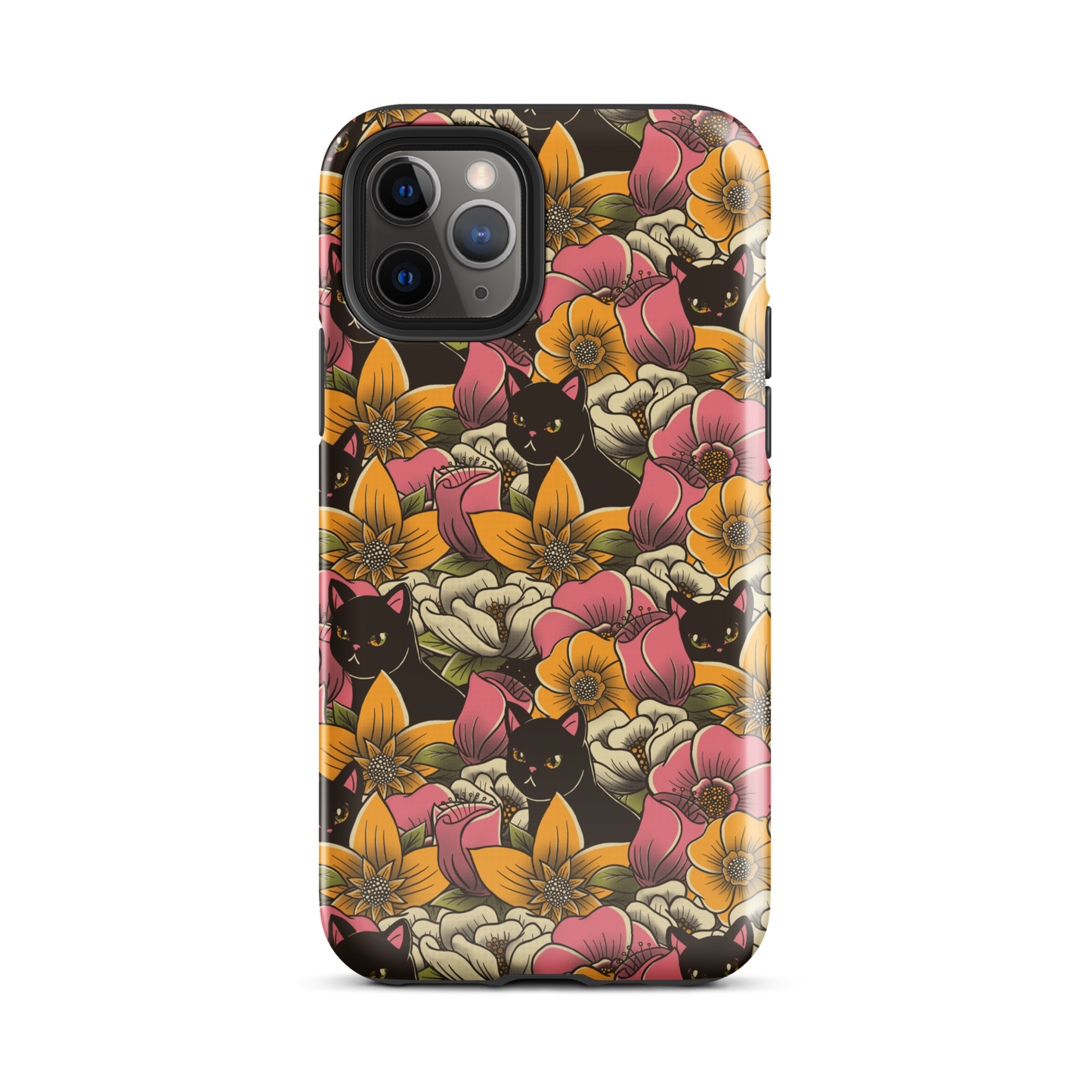 The image features a repeating pattern of colorful flowers in pink, yellow, and cream hues with lush green foliage. Interspersed among the flowers are playful black cats with bright eyes. The design has a whimsical and vibrant feel, ideal for various products like t-shirts, stickers, coffee cups, and skateboards. The style is reminiscent of traditional floral art blended with playful elements of animal decor.