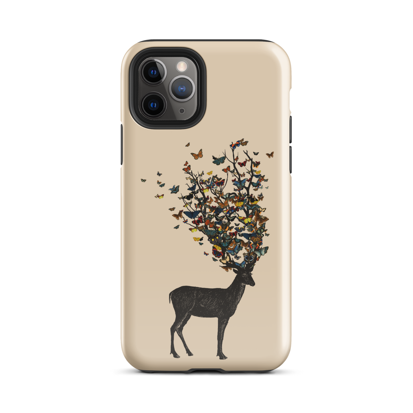 The image depicts a dark, silhouetted deer standing on a neutral background. Instead of branches, its antlers transform into a swirling cloud of vibrant, colorful butterflies that extend upwards and outward. The mix of organic and ethereal elements creates a captivating and whimsical visual contrast.